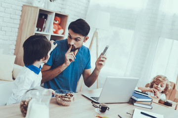 Fototapeta premium Happy Together. Works at Home. Father. Upbringing.