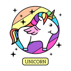 Vector illustration of fantasy animal horse unicorn on rainbow background. Flat style design,