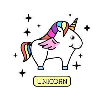 Vector illustration of fantasy animal horse unicorn on rainbow background. Flat style design