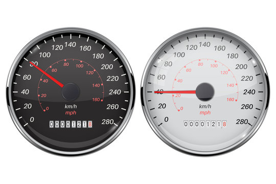 Speedometer set. Kilometers and miles. Black and white car dashboard gauges