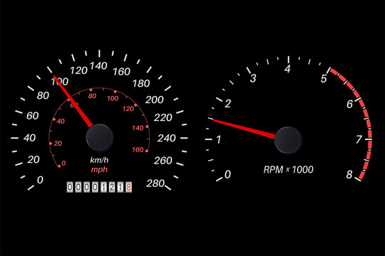 Tachometer and speedometer scale on black background