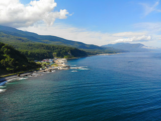 Aerial view of coast in Shiretoko peninsula, Japan