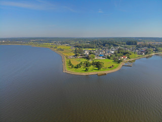 Fototapeta premium Aerial view of Hinuma lake and rice field, Ibaraki, Japan