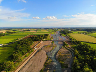 Aerial view of the river and countryside, Shihoro, Hokkaido, Japan