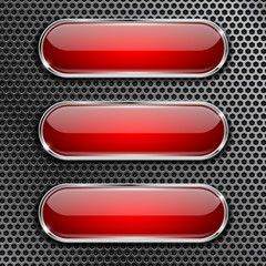Red oval glass buttons on metal perforated background