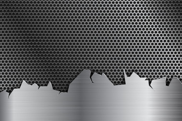 Metal perforated background with stainless steel element with torn edges