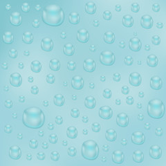 Water background with water drops. Blue water bubbles on glass surface