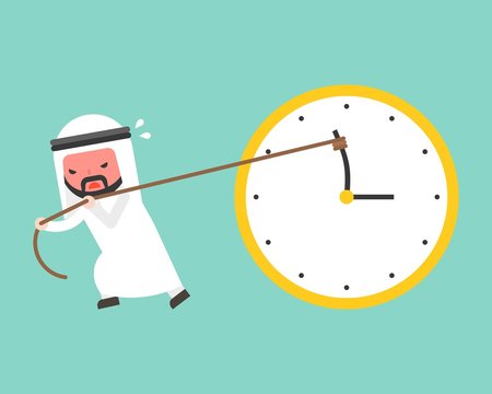 Arab businessman try hard to pull back minute hand anti clockwise by rope
