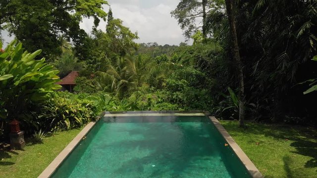 4K aerial flying video of infinity swimming pool at luxury villa in the jungle. Bali island.