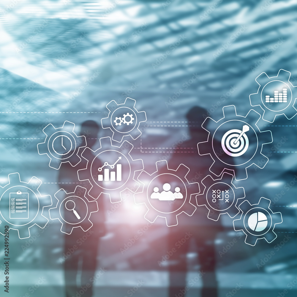 Wall mural business process automation concept. gears and icons on abstract background.