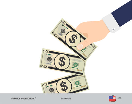 20 US Dollar Banknote. Hand throwing banknote. Flat style vector illustration. Waste of money concept.