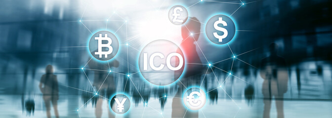 Obraz premium ICO - Initial coin offering, Blockchain and cryptocurrency concept on blurred business building background.