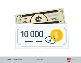 Bank check with 20 US Dollar Banknotes. Flat style vector illustration. Finance concept.