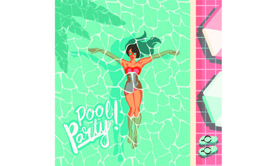 beautiful woman lying on the beach towel near swimming pool top view of pretty girl, summer holiday and summer camp poster traveling template poster badge vector illustration party, girl swims in the 