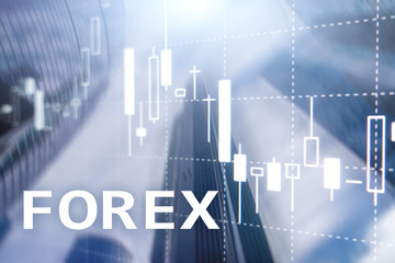 Forex trading, financial candle chart and graphs on blurred business center background.