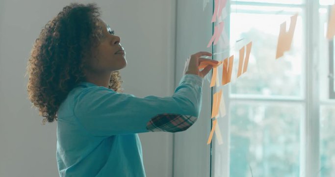African American black employee looking onto a glass wall with sticky notes, framework for managing work, scrum methodology. 4K UHD 60 FPS SLOW MOTION