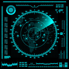 Blue radar screen with planes and world map. Vector EPS10.