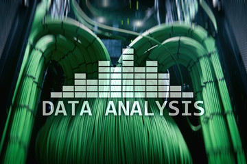 Big Data analysis text on server room background. Internet and modern technology concept.