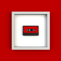 Close up of vintage audio tape cassette in picture frame concept illustration on red background, Top view with copy space, 3d rendering