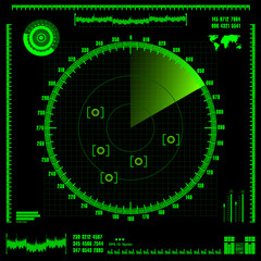 Green radar screen on black background, HUD interface