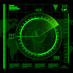 Green radar screen on black background, HUD interface