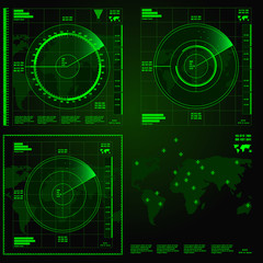 Green radar screen on black background, HUD interface