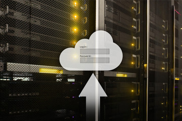 Cloud storage, data access, login and password request window on server room background. Internet...