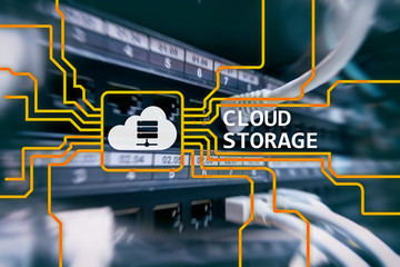 Cloud data storage concept on server room background.