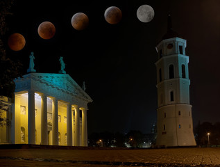Cathedral of Vilnius with total eclipse of moon