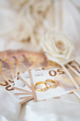 Wedding rings and banknotes with a wedding dress on the background