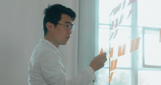 Asian Chinese employee looking onto a glass wall with sticky notes, framework for managing work, scrum methodology. 4K UHD 60 FPS SLOW MOTION