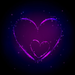 Neon purple heart on dark background. Vector illustration. Valentines day card. Party flyer.