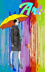 Beautiful fashion girl, on a background with a flowing paint. Fashion girl under a yellow umbrella.