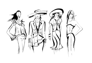 Sketch. Fashion Girls on a white background. Vector illustration