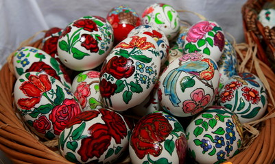 The Easter eggs painted in traditional Bulgarian style on the handmade felt mat. Easter eggs painted with Bulgarian traditional symbols