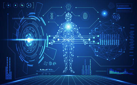 abstract technology ui futuristic human medical hud interface hologram elements of digital data chart, DNA,Fingerprint,Brain computing circle vitality innovation on hi tech future design background