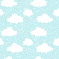 Blue sky with clouds silhouettes and snowfall, falling dot snowflakes, flakes splash, spray, spot texture. Vector seamless repeat pattern. Winter, Christmas hand drawn background.