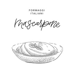 traditional Italian cream cheese mascarpone  vintage engraving illustration with its name calligraphy