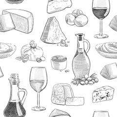 traditional Italian cheese and sauces vintage engraving seamless pattern background