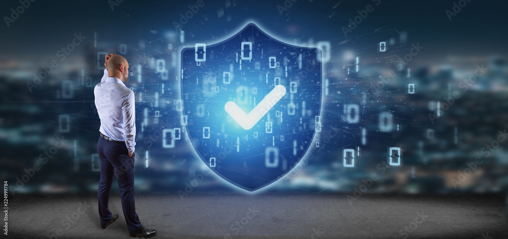 Poster man holding a shield web security concept 3d rendering