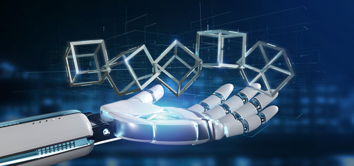 Cyborg hand holding a blockchain cube 3d rendering