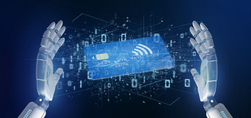 Cyborg hand holding a Contactless credit card payment concept 3d rendering