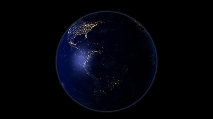 Planet earth from the space at night. Black background, 3D render