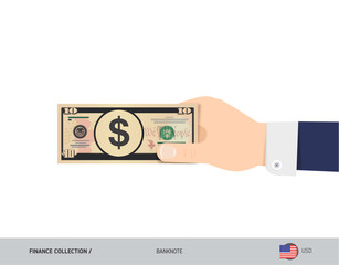 10 US Dollar Banknote. Hand gives money. Flat style vector illustration. Salary payout or corruption concept.