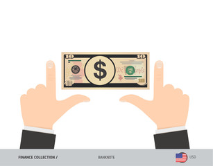 10 US Dollar Banknote. Business hands measuring banknote. Flat style vector illustration. Business finance concept.