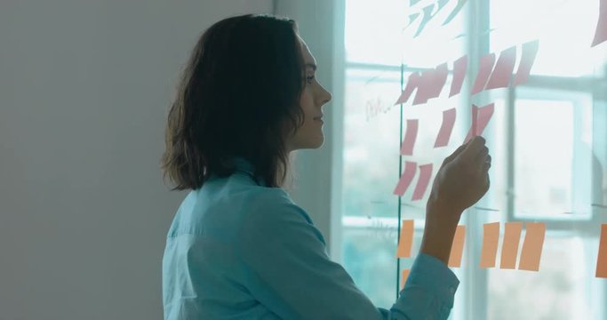 Caucasian colleagues standing near glass wall with sticky notes, framework for managing work, scrum methodology. 4K UHD 60 FPS SLOW MOTION
