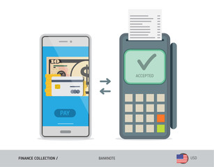 POS Terminal with 10 US Dollar Banknote. Flat style vector illustration. Finance concept.