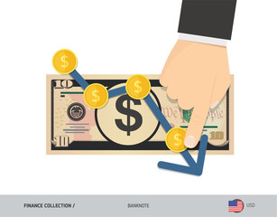 Exchange rate graph with 10 US Dollar Banknote and coins. Flat style vector illustration. Business concept.