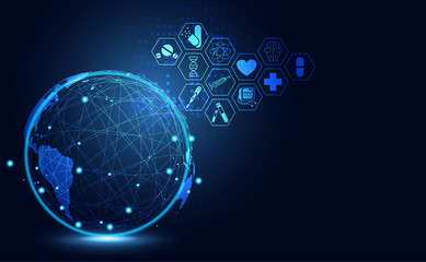 Abstract health medical science healthcare icon digital technology world concept modern innovation,Treatment,medicine on hi tech future blue background. for wallpaper, template, web design.