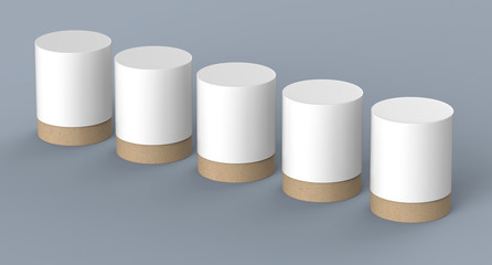 5 glossy paper product tubes isolated on blue background mockup.